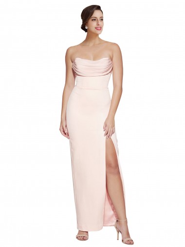 Shop Cowl Neck Strapless Formal Stretch Satin Bridesmaid Dress / Prom Dress with High Split