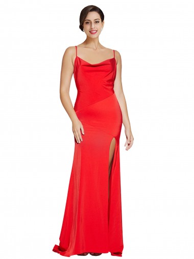 Shop Low Back Cowl Neck Formal Stretch Satin Bridesmaid Dress / Prom Dress with High Side Slit