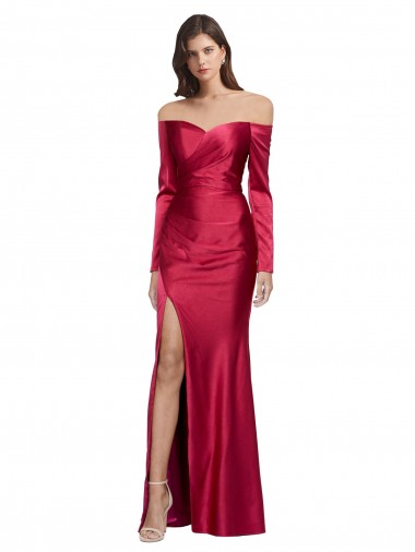 Shop Long Sleeves Off the Shoulder Formal Stretch Satin Bridesmaid Dress / Prom Dress with High Side Split