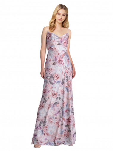 Shop Draped Cowl Neck Long Printed Formal Stretch Satin Bridesmaid Dress