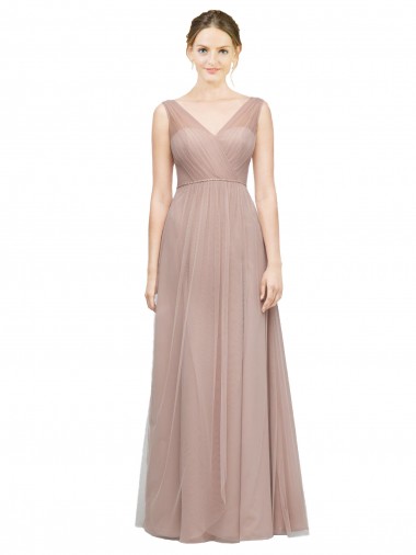 Shop Full Length Draped Long V-Neck Tulle Bridesmaid Dress