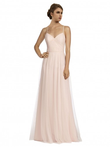 Shop Long Draped Back A-Line Tulle Bridesmaid Dress with Pleated Bodice