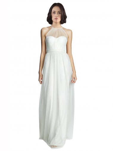 Shop High Neckline Long Tulle Bridesmaid Dress with Illusion Front