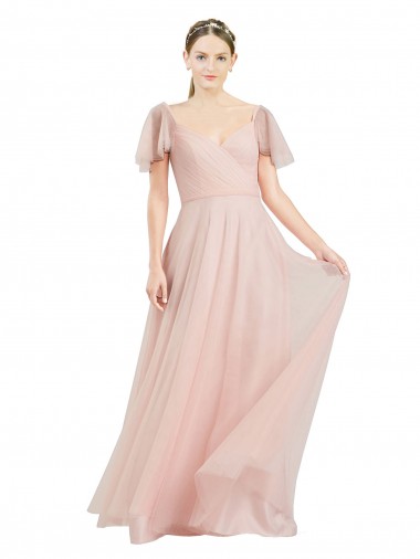 Shop Long V-Neck Flutter Sleeves Tulle Bridesmaid Dress