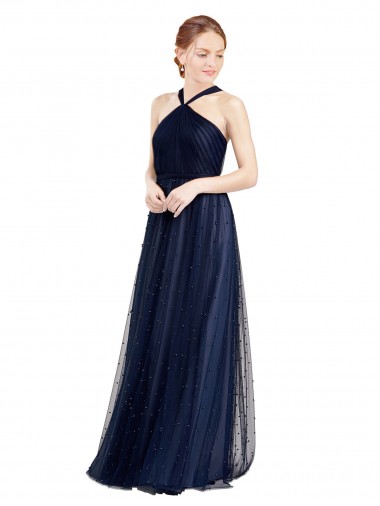 Shop Floor Length Long Halter Pleated Tulle Bridesmaid Dress