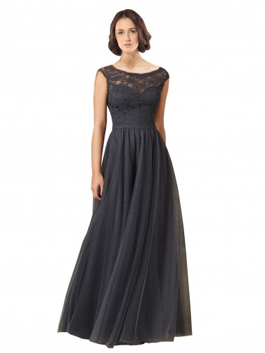 Shop Long Bateau Tulle Bridesmaid Dress with Lace Bodice