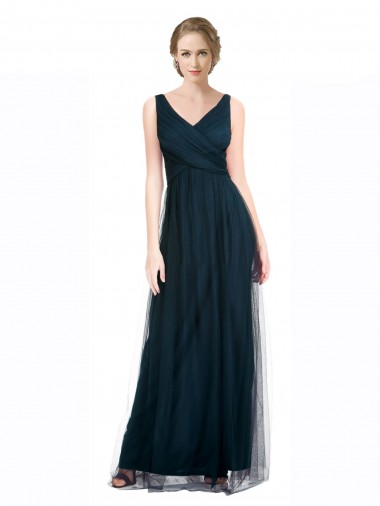 Shop Full Length Long Tulle Bridesmaid Dress with V-Neck Criss-Cross Ruched Top