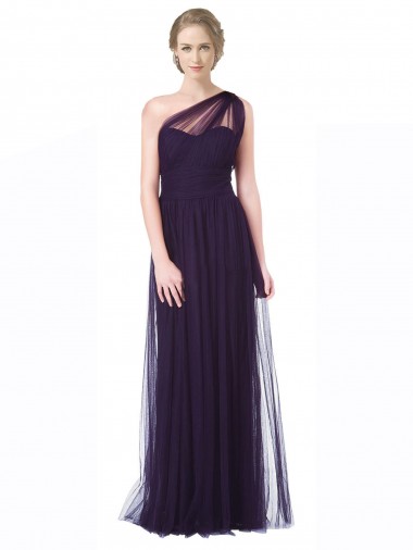 Shop One Shoulder Long Tulle Bridesmaid Gown with Sheer Netting Strap