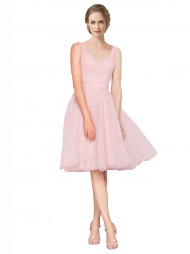 Shop Short Knee Length Wide Strap Plunge Cross Over Neckline Tulle Cocktail Bridesmaid Dress