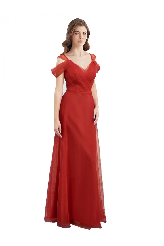 Shop Cold Shoulder Pleated Wrap Tulle Bridesmaid Dress with Low V-Back