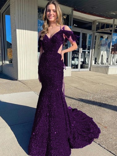 Shop Cold Shoulder Sleeveless Long Court Train Velvet Sequin Prom Dress