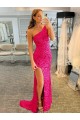 Shop One Shoulder Sleeveless Long Velvet Sequin Prom Dress with High Slit