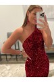 Shop Open Back One Shoulder Sleeveless Long Sweep Train Velvet Sequin Prom Dress