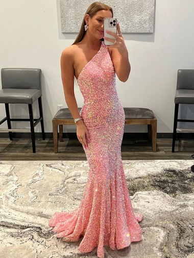 Shop Open Back One Shoulder Sleeveless Long Sweep Train Velvet Sequin Prom Dress