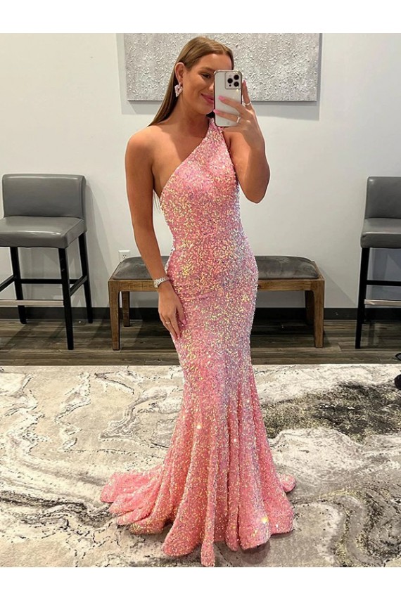 Shop Open Back One Shoulder Sleeveless Long Sweep Train Velvet Sequin Prom Dress