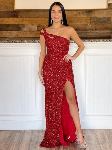 Shop One Shoulder Sleeveless Long Sweep Train Velvet Sequin Prom Dress