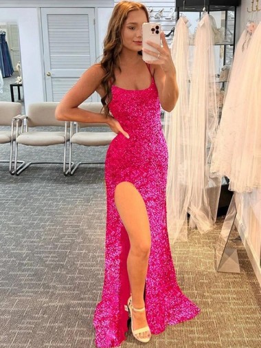 Shop Spaghetti Straps Sleeveless Long Velvet Sequin Prom Dress with Slit and Criss Cross Open Back