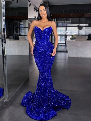 Shop Mermaid Spaghetti Straps Sleeveless Long Sweep Train Velvet Sequin Prom Dress