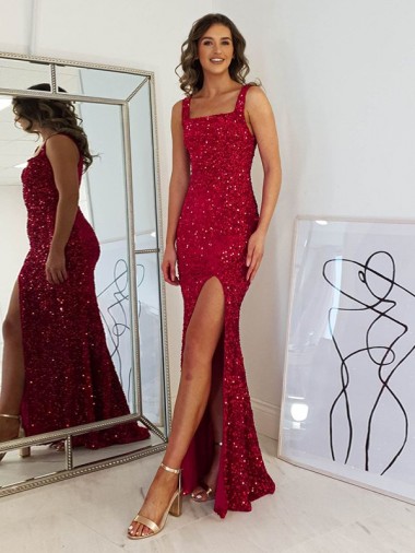 Shop Square Neck Sleeveless Long Velvet Sequin Prom Dress with Slit