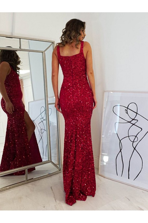 Shop Square Neck Sleeveless Long Velvet Sequin Prom Dress with Slit