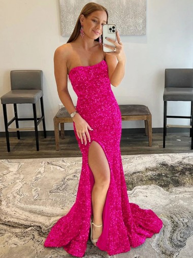 Shop Strapless Sleeveless Long Sweep Train Velvet Sequin Prom Dress with Side Slit