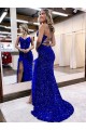 Shop V-Neck Sleeveless Long Velvet Sequin Royal Blue Prom Dress with Side Slit