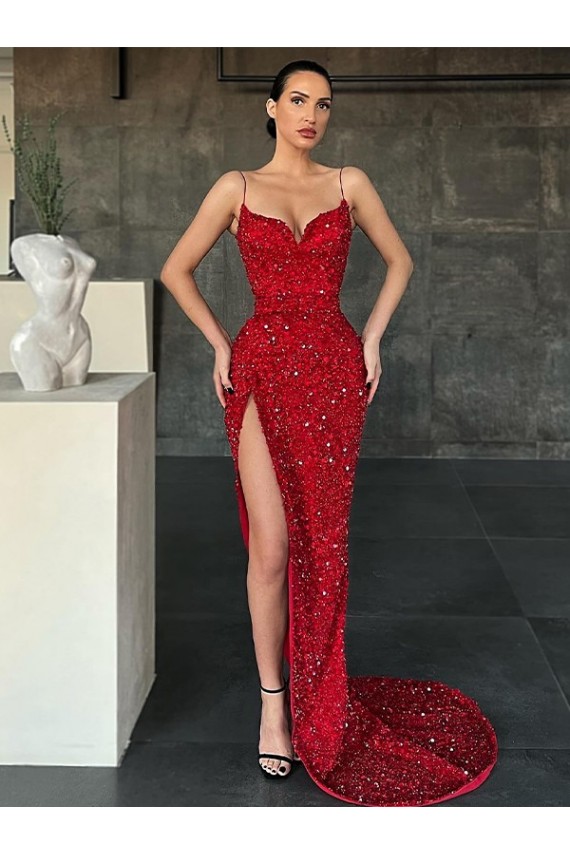 Shop V-Neck Sleeveless Long Sweep Train Velvet Sequin Prom Dress with High Side Slit