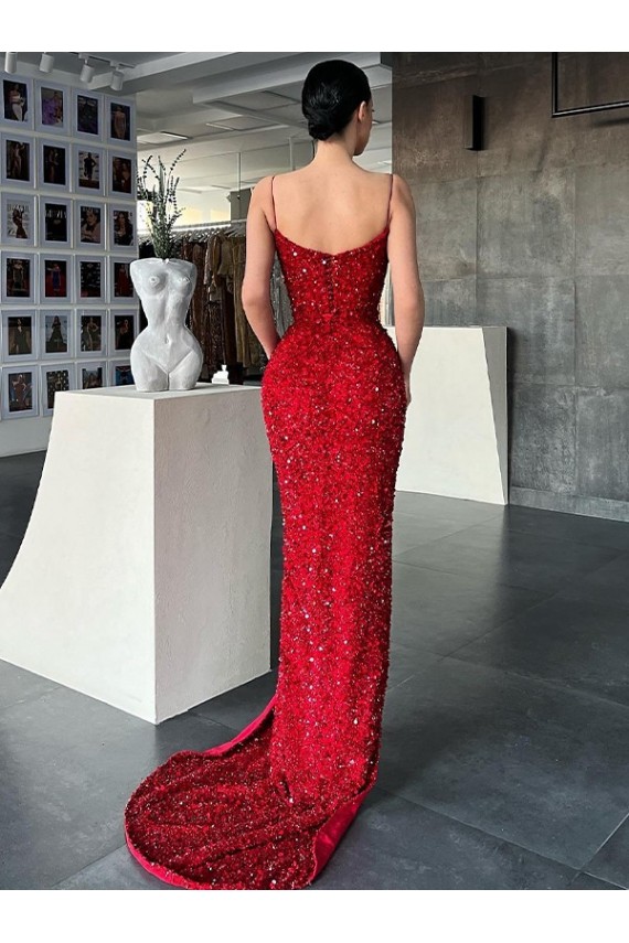 Shop V-Neck Sleeveless Long Sweep Train Velvet Sequin Prom Dress with High Side Slit