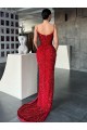 Shop V-Neck Sleeveless Long Sweep Train Velvet Sequin Prom Dress with High Side Slit