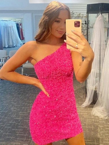 Shop Short One Shoulder Sleeveless Velvet Sequin Prom Dress