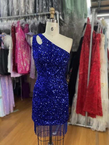 Shop One Shoulder Keyhole Sleeveless Short Velvet Sequin Prom Dress