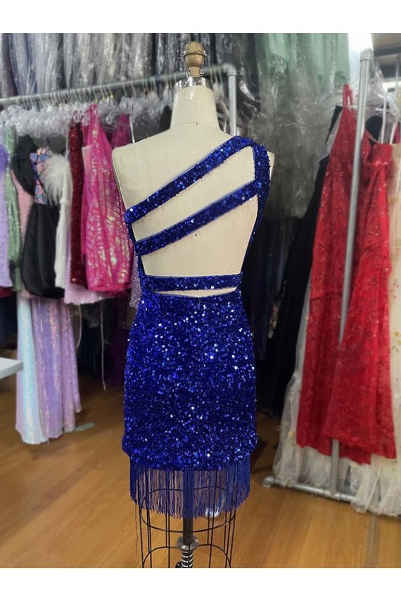 Shop One Shoulder Keyhole Sleeveless Short Velvet Sequin Prom Dress