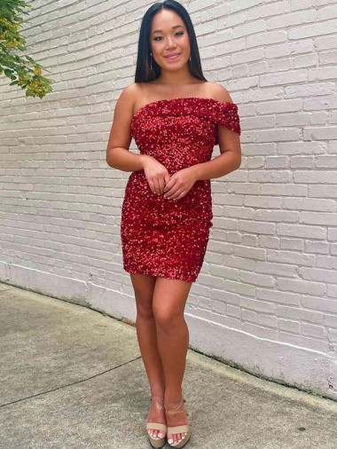 Shop Short One Shoulder Sleeveless Velvet Sequin Cocktail Prom Dress