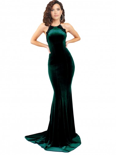 Shop High Neck Formal Stretch Velvet Bridesmaid Dress / Prom Dress with Black Lace Embroidery