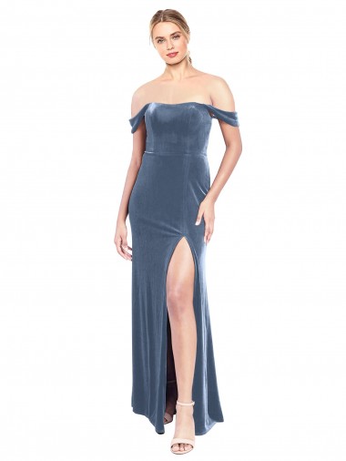 Shop Draped Sleeves Wide Scoop Neck Off the Shoulder Velvet Bridesmaid Dress / Prom Dress