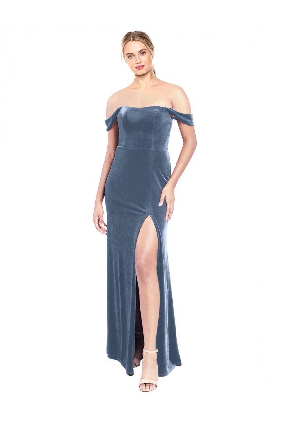 Shop Draped Sleeves Wide Scoop Neck Off the Shoulder Velvet Bridesmaid Dress / Prom Dress