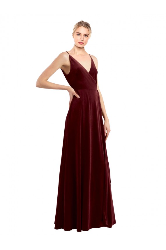 Shop Faux Wrap V-Neck Sleek Long Formal Velvet Bridesmaid Dress / Prom Dress