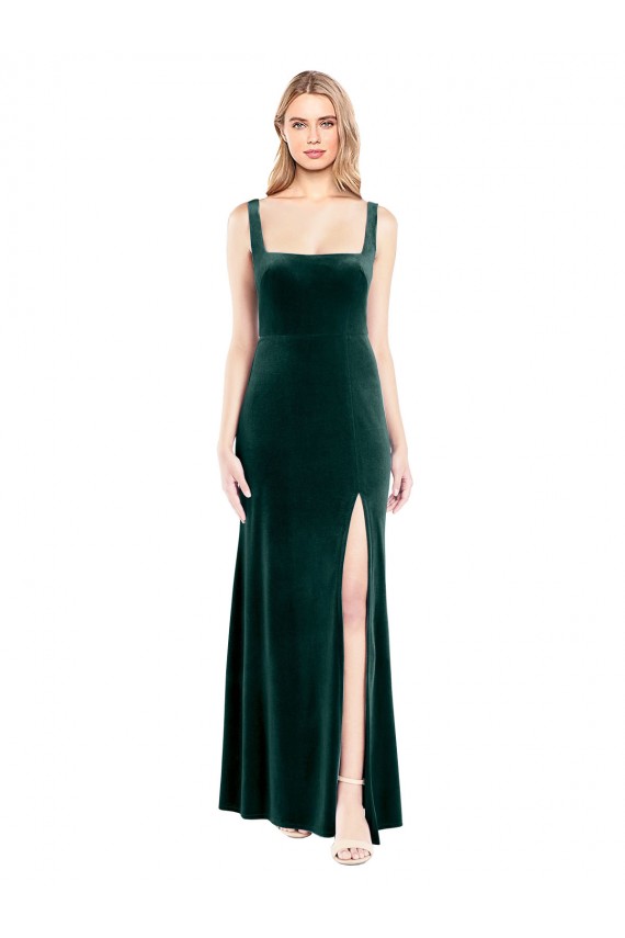 Shop Square Neck Full Length Velvet Bridesmaid Dress / Prom Dress with Side Slit