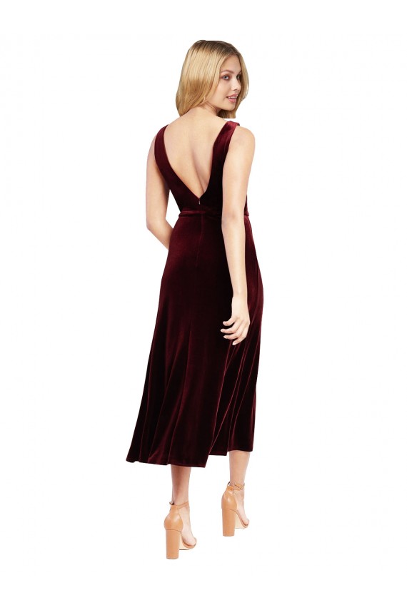 Shop Daring Plunging V-Neckline Short Midi Cocktail Length Velvet Bridesmaid Dress / Prom Dress