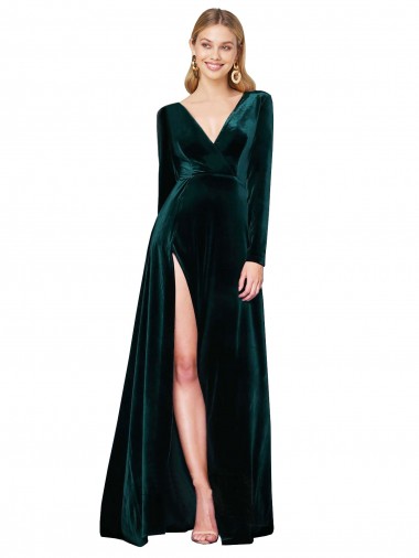 Shop Deep V-Neck Long Sleeves Formal Velvet Bridesmaid Dress / Prom Dress with High Side Split