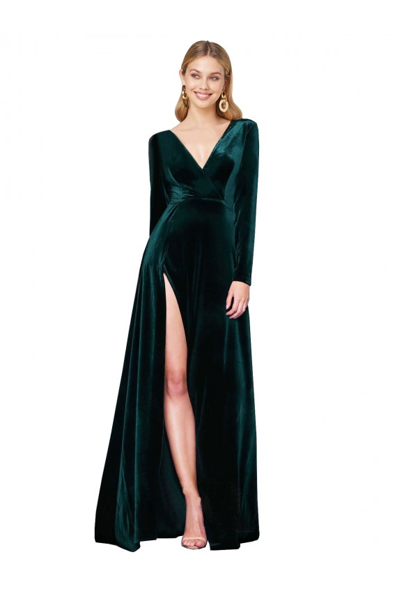 Shop Deep V-Neck Long Sleeves Formal Velvet Bridesmaid Dress / Prom Dress with High Side Split