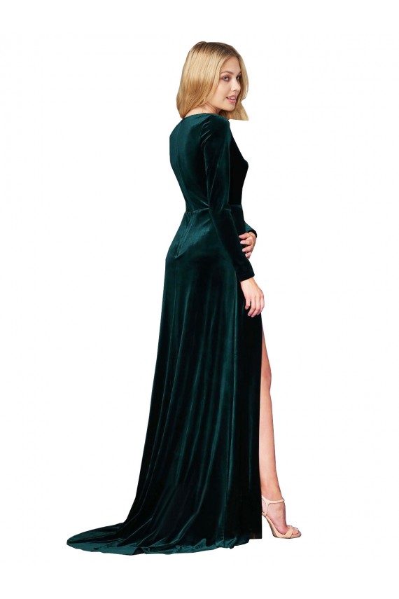 Shop Deep V-Neck Long Sleeves Formal Velvet Bridesmaid Dress / Prom Dress with High Side Split