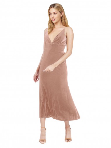 Shop Midi Cocktail Length Short V-Neck Velvet Bridesmaid Dress / Prom Dress with Notched Neckline