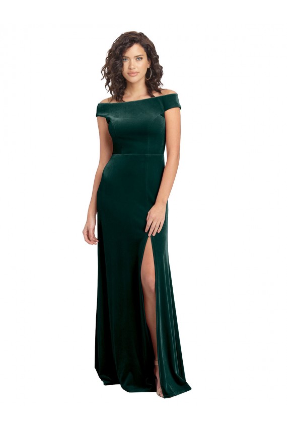 Shop Floor Length Cap Sleeves Long Formal Velvet Bridesmaid Dress / Prom Dress with High Side Slit