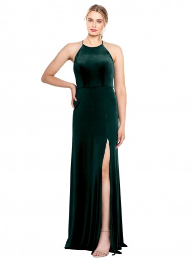 Shop Long Jewel Neck Full Length Velvet Bridesmaid Dress / Prom Dress with Side Slit