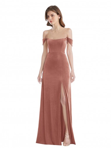 Shop Off the Shoulder Flounce Sleeve Velvet Maxi Bridesmaid Dress / Prom Dress with Pockets