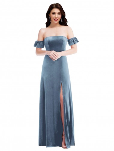 Shop Ruffle Sleeve Off the Shoulder Velvet Maxi Bridesmaid Dress / Prom Dress