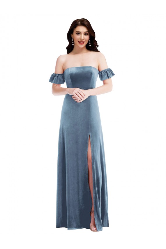 Shop Ruffle Sleeve Off the Shoulder Velvet Maxi Bridesmaid Dress / Prom Dress