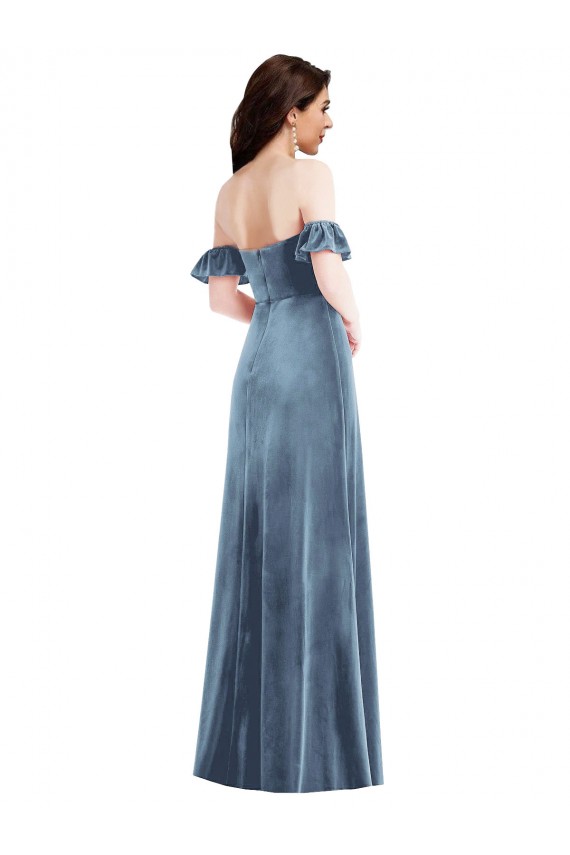 Shop Ruffle Sleeve Off the Shoulder Velvet Maxi Bridesmaid Dress / Prom Dress