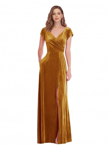 Shop Cap Sleeve Faux Wrap Formal Velvet Maxi Bridesmaid Dress / Prom Dress with Pockets